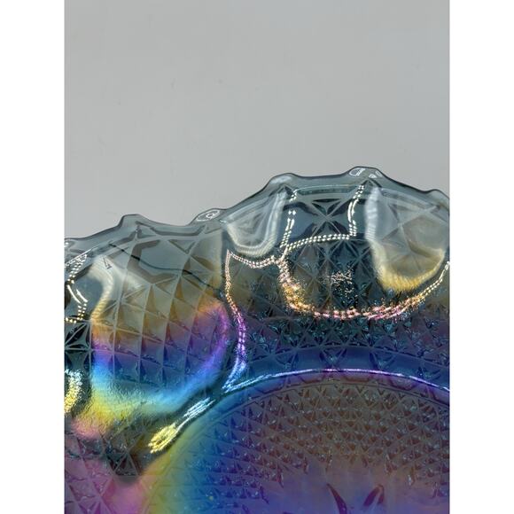 Iridescent Blue Carnival Glass Ruffled Edge Starburst Diamond Dish 10" Vintage - Picture 4 of 10